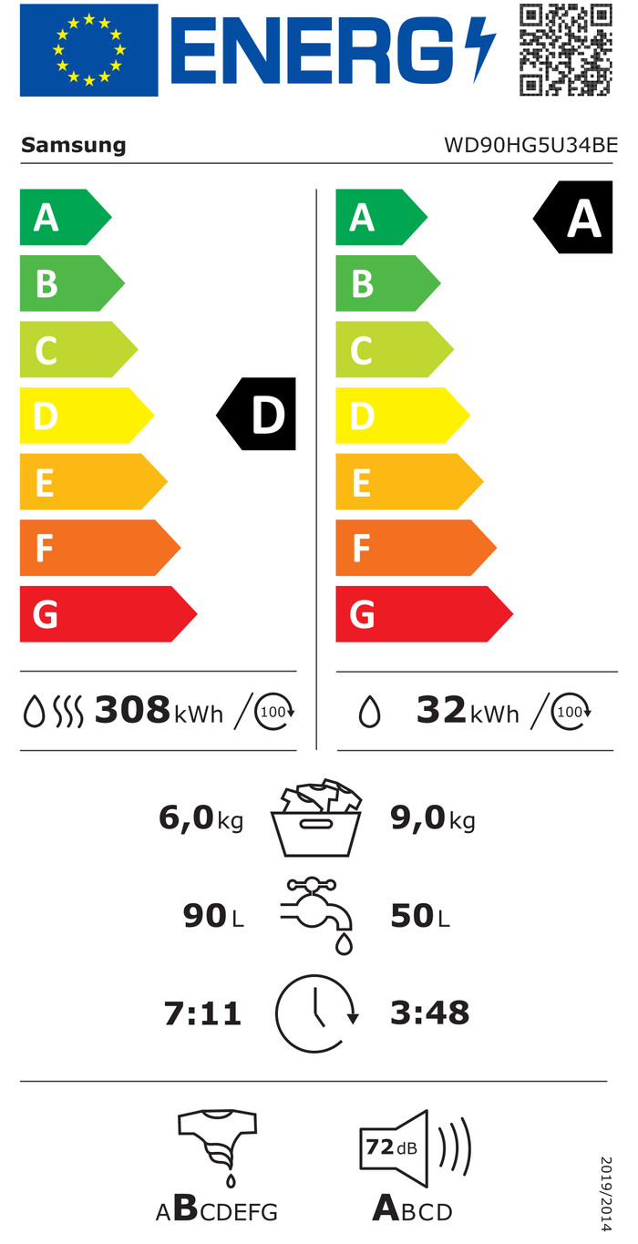 Samsung WD90HG5U34BEEG energielabel
