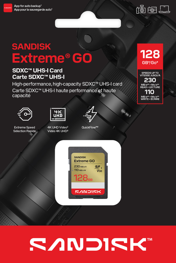 SANDISK Extreme GO SDXC 128GB 110MB/s packaging