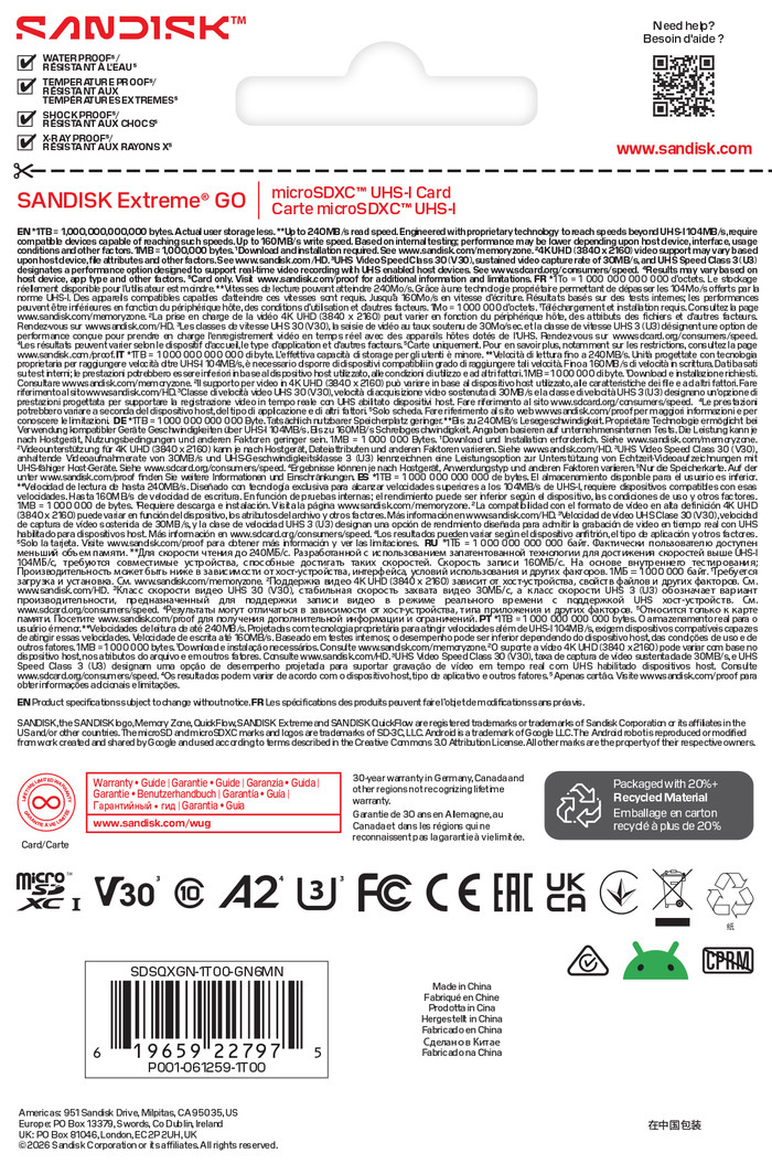 SANDISK Extreme GO microSDXC 1TB 240 MB/s verpackung