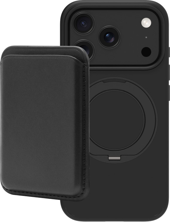 BlueBuilt MagSafe Hülle und Ständer iPhone 18 Pro Schwarz + Kartenhalter Leder Schwarz Main Image