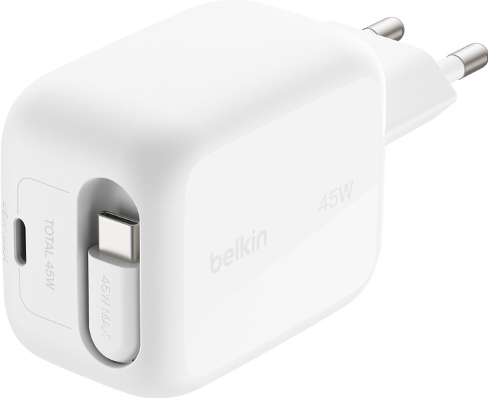 Belkin BoostCharge Pro Ladegerät 45 W USB-C Weiß + USB-C Einziehbares Kabel 0,8 m Kunststoff Weiß oberseite