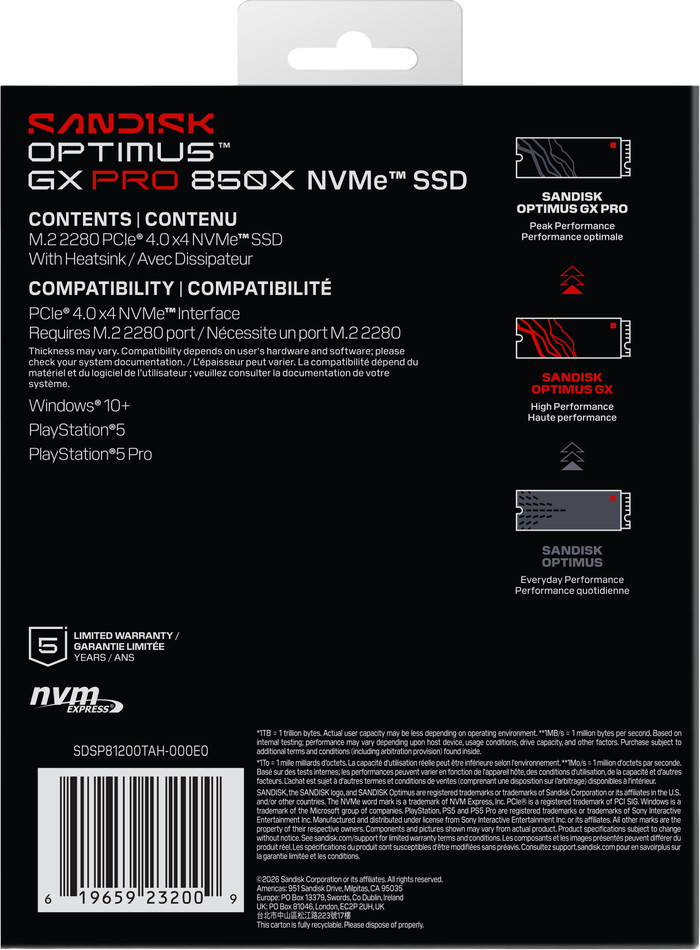 SANDISK Optimus GX PRO 850X 2TB NVMe-SSD mit Kühlkörper verpackung