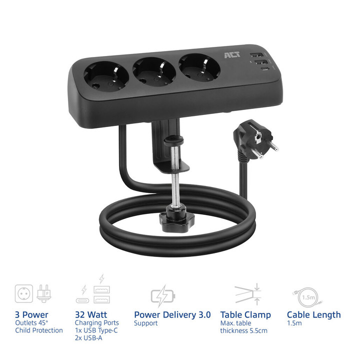 ACT AC2480 Desk Power Strip 3-way 1.5m 3x USB 30W Black visual supplier