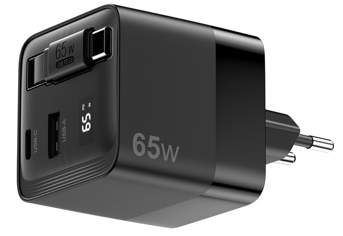 Sitecom 65W GaN Ladegerät mit ausziehbarem Kabel vorne