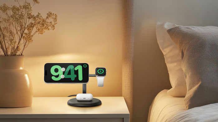 Belkin 3-in-1 Kabelloses Ladegerät mit MagSafe 25 Watt Schwarz produkt in gebrauch