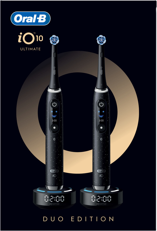 Oral-B iO 10 Schwarz und Schwarz Doppelpack + 4 Aufsteckbürsten verpackung