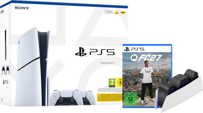 PlayStation 5 Slim mit Laufwerk + FC 27 + Zusätzlicher Controller Weiß + Ladestation Main Image