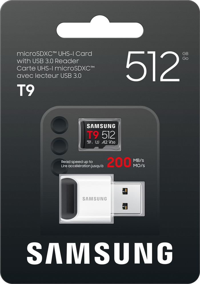 Samsung microSDXC T9 512GB 200 MB/s + USB-Lesegerät verpackung