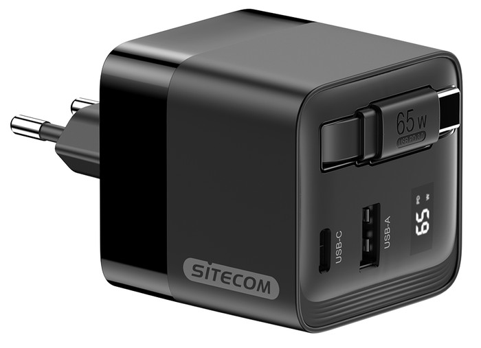 Sitecom 65W GaN Ladegerät mit ausziehbarem Kabel vorne