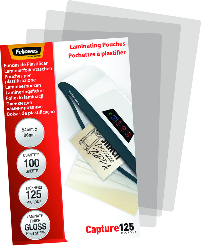 Fellowes Laminierhüllen 125 Micron 54 x 86 (100 Stück) verpackung