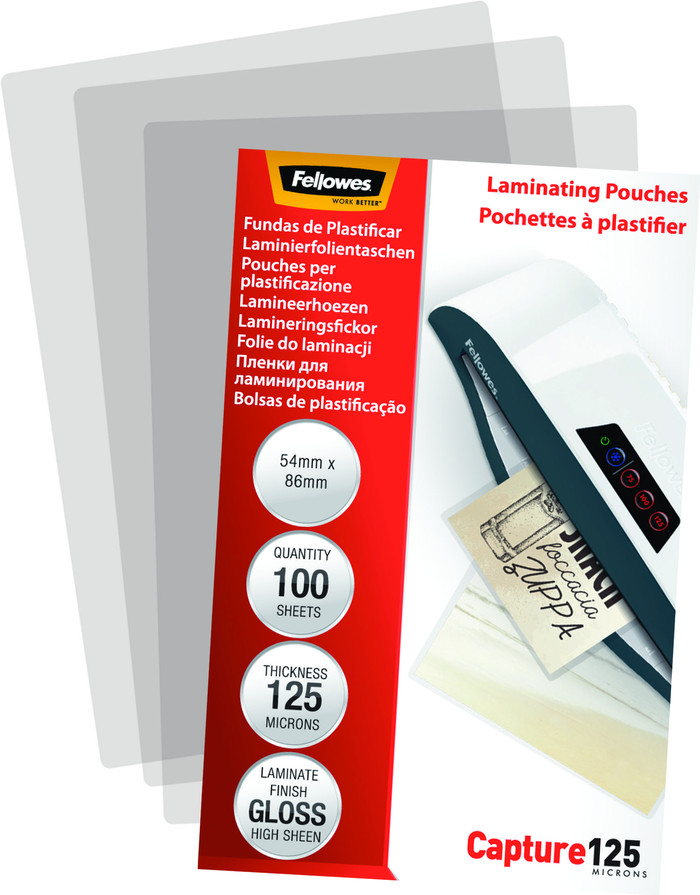 Fellowes Laminierhüllen 125 Micron 54 x 86 (100 Stück) verpackung