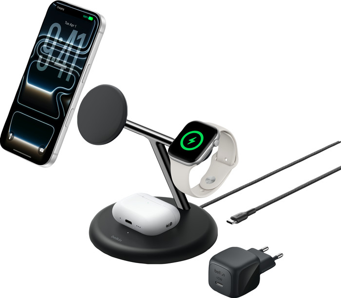 Belkin 3-in-1 Kabelloses Ladegerät mit MagSafe 25 Watt Schwarz vorne