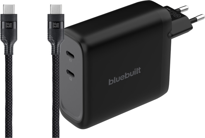 BlueBuilt 140-Watt-GaN-Ladegerät mit 2 USB-C-Ports Schwarz + BlueBuilt USB-C-Kabel 240 W 2 m Nylon Main Image