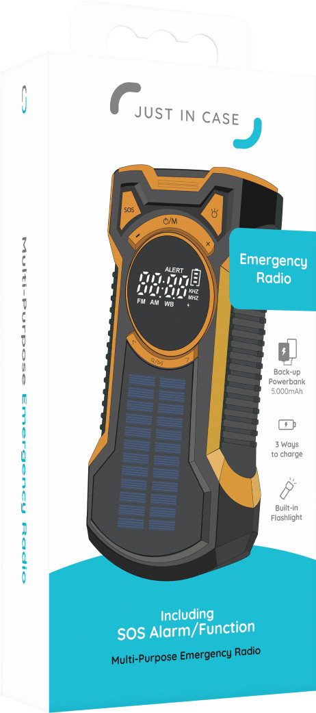 Just in Case Notfallradio mit Solarmodul und Powerbank 5.000 mAh Orange verpackung