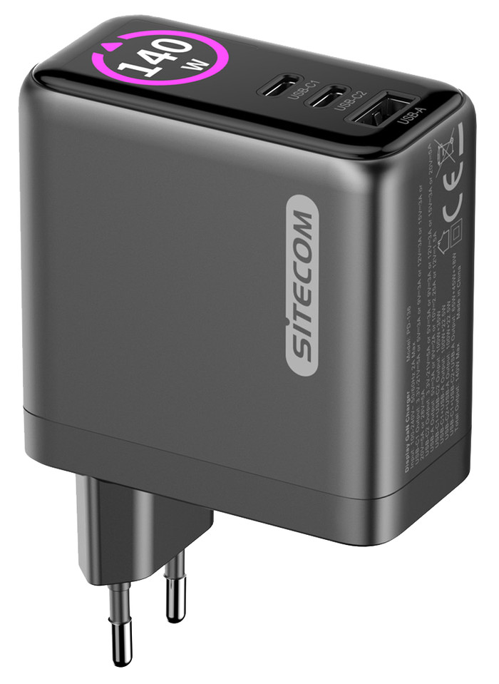 Sitecom 140 W GaN Ladegerät mit LED-Display vorne