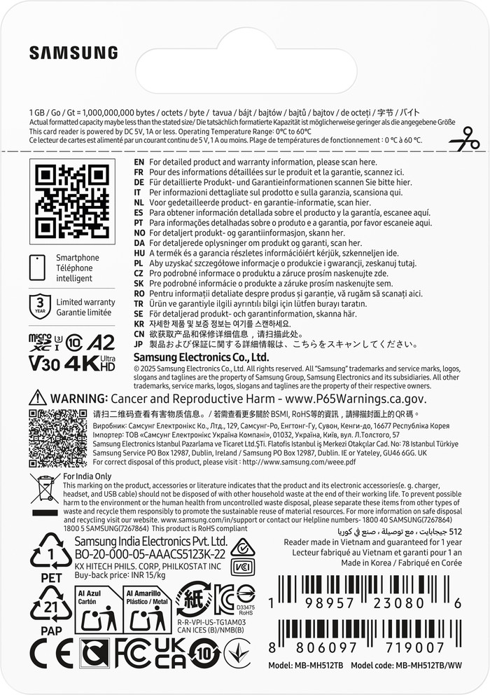 Samsung microSDXC T9 512GB 200 MB/s + USB-Lesegerät verpackung