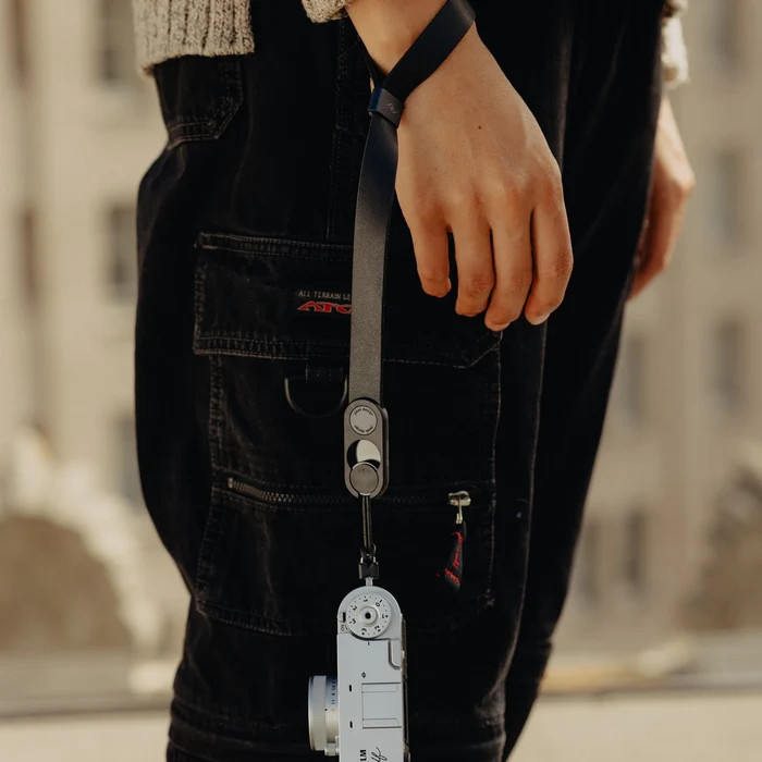 Peak Design Cuff Leather Camera Wristband Black product in use