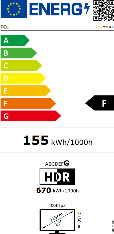 TCL RGB Mini-LED 85 Zoll RM9L (2026) energielabel