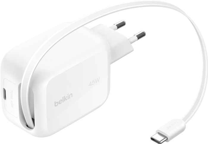 Belkin BoostCharge Pro Ladegerät 45 W USB-C Weiß + USB-C Einziehbares Kabel 0,8 m Kunststoff Weiß Main Image