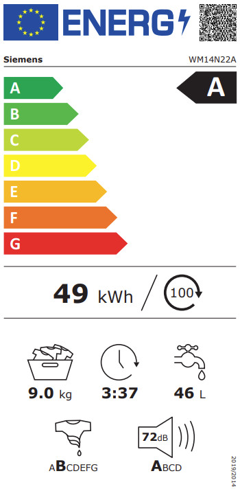 Siemens WM14N22A energielabel