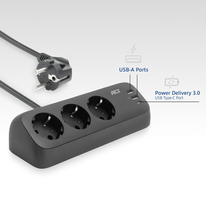 ACT AC2480 Desk Power Strip 3-way 1.5m 3x USB 30W Black visual supplier