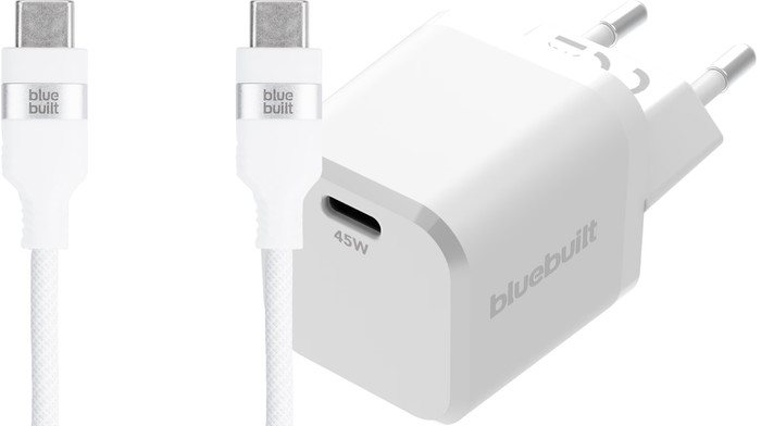 BlueBuilt Power-Delivery-Ladegerät 45 W + USB-C-Kabel 3 m Nylon Weiß Main Image