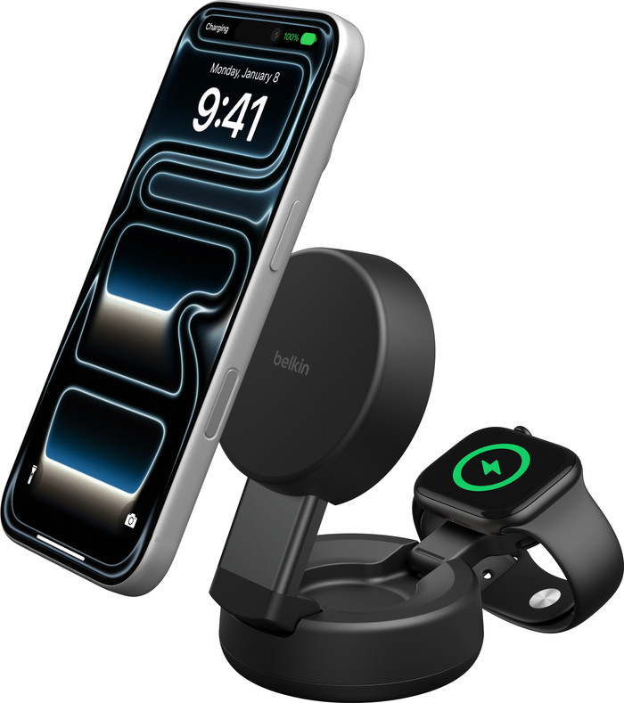 Belkin UltraCharge Pro 2-in-1 MagSafe Kabelloses Ladegerät mit Ständer Qi2 25 W Schwarz Main Image