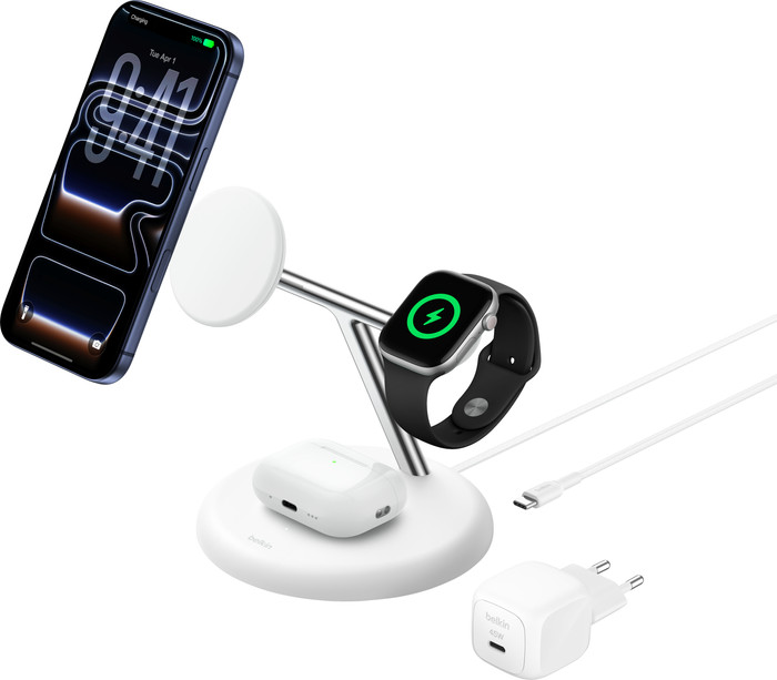 Belkin 3-in-1 Kabelloses Ladegerät mit MagSafe 25 Watt Weiß vorne