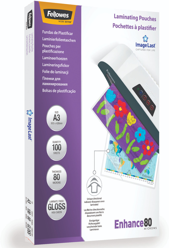 Fellowes Laminating Sheets Enhance 80mic A3 (100 units) packaging