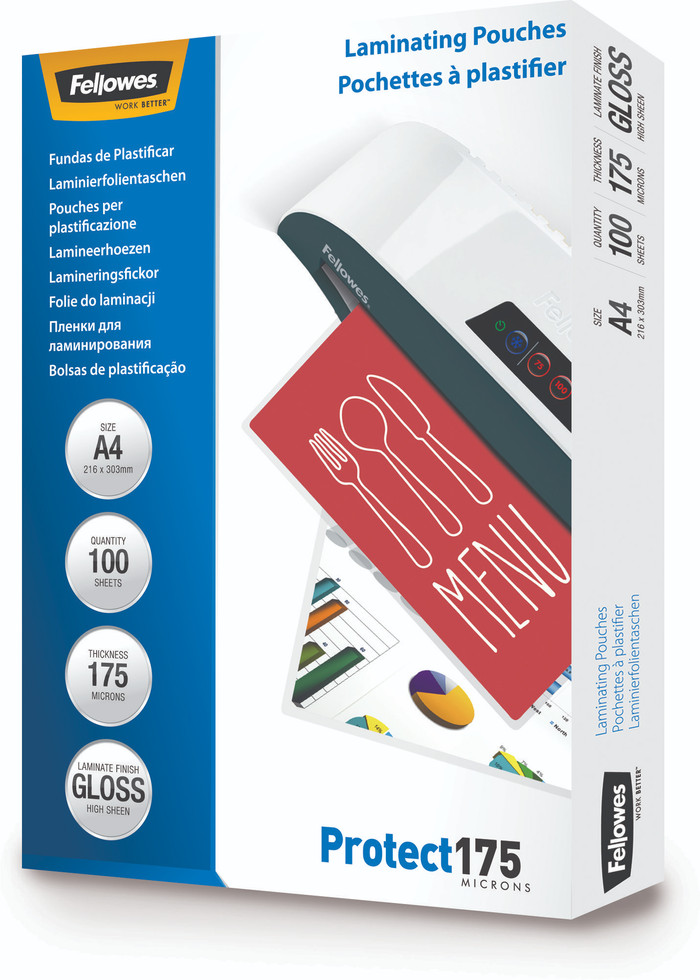 Fellowes Laminierhüllen Protect 175 Micron A4 (100 Stück) verpackung