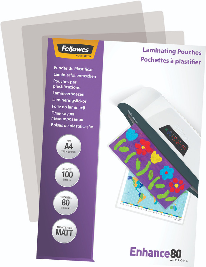 Fellowes Laminator covers Enhance Mat 80 mic A4 (100 Pieces) packaging