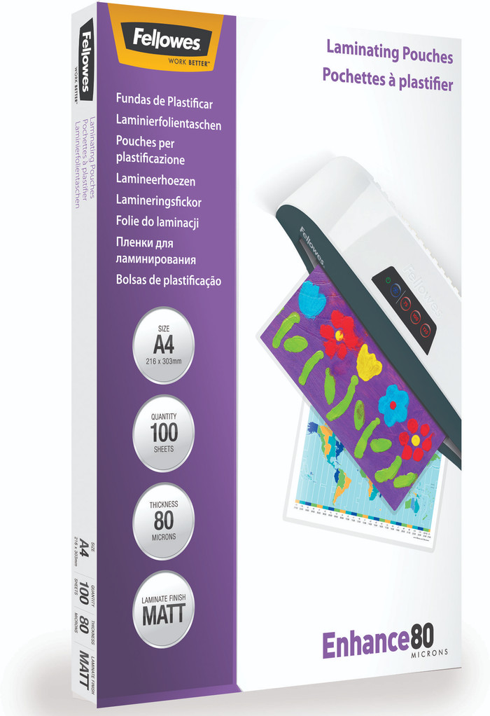 Fellowes Laminator covers Enhance Mat 80 mic A4 (100 Pieces) packaging