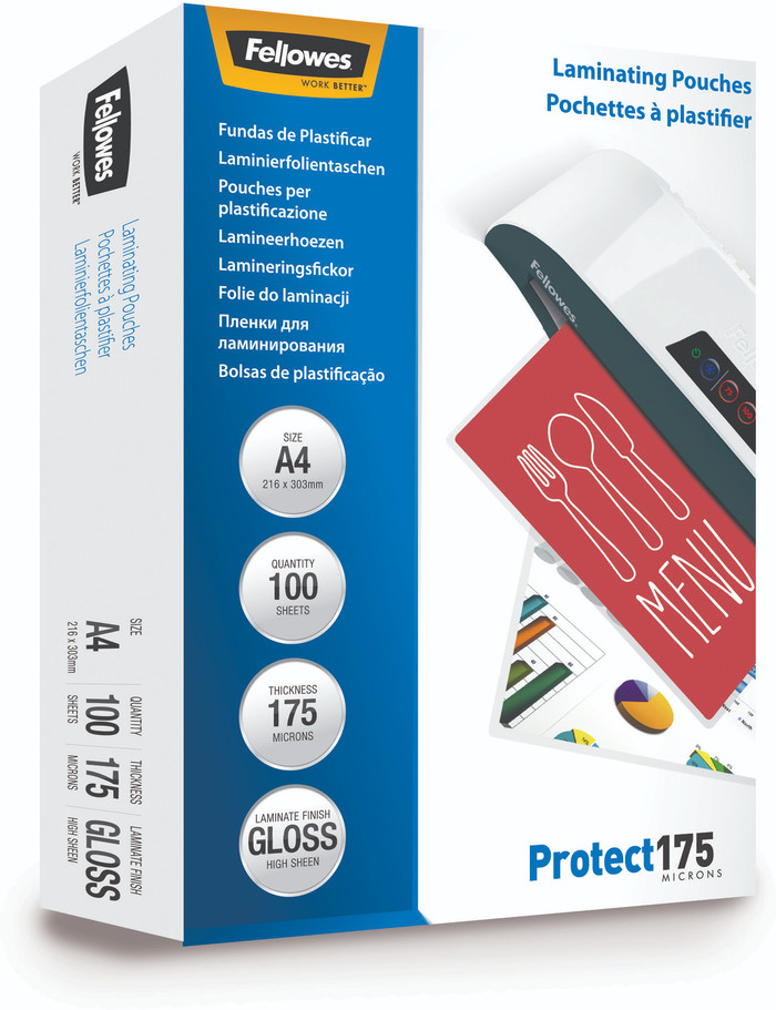 Fellowes Laminierhüllen Protect 175 Micron A4 (100 Stück) verpackung