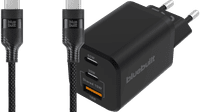 BlueBuilt Power-Delivery-Ladegerät 2 USB-C-Ports 65 W + USB-C-Kabel 3 m Nylon Schwarz