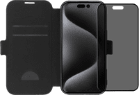 BlueBuilt Apple iPhone 16 Pro Book Case Leather Black + Privacy Filter Glass Screen Protector