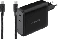BlueBuilt 140-Watt-GaN-Ladegerät mit 2 USB-C-Ports Schwarz + BlueBuilt USB-C-Kabel 240 W 2 m Nylon
