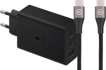 Samsung Ladegerät mit 3 USB-Anschlüssen 65W Schwarz + USB-C-Kabel Nylon Schwarz 1,5m Samsung Schnellladegerät