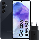 Samsung Galaxy A55 128GB Dunkelblau 5G + Samsung 25 Watt Schnellladegerät Schwarz Samsung Handy aus dem Jahr 2024