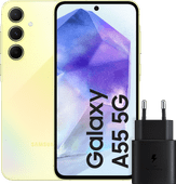 Samsung Galaxy A55 128GB Gelb 5G + Samsung 25 Watt Schnellladegerät Schwarz Samsung A Serie Set