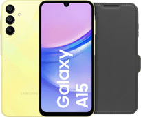 Samsung Galaxy A15 128GB Yellow 5G + BlueBuilt Book Case Black Smartphone for children