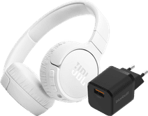 JBL Tune 670NC White + BlueBuilt Quick Charge Charger with USB-A Port 18W Black JBL on-ear headphones