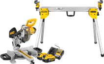 DeWalt DCS365N-XJ 5.0Ah Battery (2x) Starter Kit + DeWalt DE7033-XJ Radial arm saw with an underframe