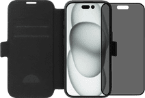 BlueBuilt Apple iPhone 16 Book Case Leder Schwarz + Panzerglas mit Blickschutzfilter Hülle zum Falten