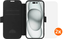 BlueBuilt Apple iPhone 16 Book Case Leder Schwarz + Panzerglas Doppelpack Hülle zum Falten