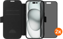 BlueBuilt Apple iPhone 16 Book Case Leder Schwarz + Privacy Panzerglas Doppelpack Apple iPhone Book Case oder 2-in-1-Hülle