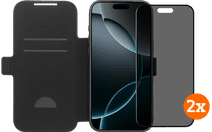 BlueBuilt Apple iPhone 17 Pro Max Book Case Leder Schwarz + Privacy Displayschutz Doppelpack Hülle zum Falten