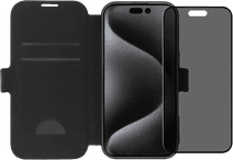 BlueBuilt Apple iPhone 16 Pro Book Case Leder Schwarz + Panzerglas mit Blickschutzfilter Hülle zum Falten