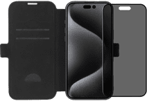 BlueBuilt Apple iPhone 16 Pro Max Book Case Leder Schwarz + Privacy Panzerglas Hülle zum Falten