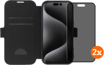 BlueBuilt Apple iPhone 16 Pro Book Case Leder Schwarz + Privacy Panzerglas Doppelpack Apple iPhone Book Case oder 2-in-1-Hülle