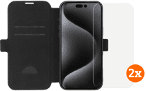 BlueBuilt Apple iPhone 16 Pro Max Book Case Leder Schwarz + Panzerglas Doppelpack Hülle zum Falten